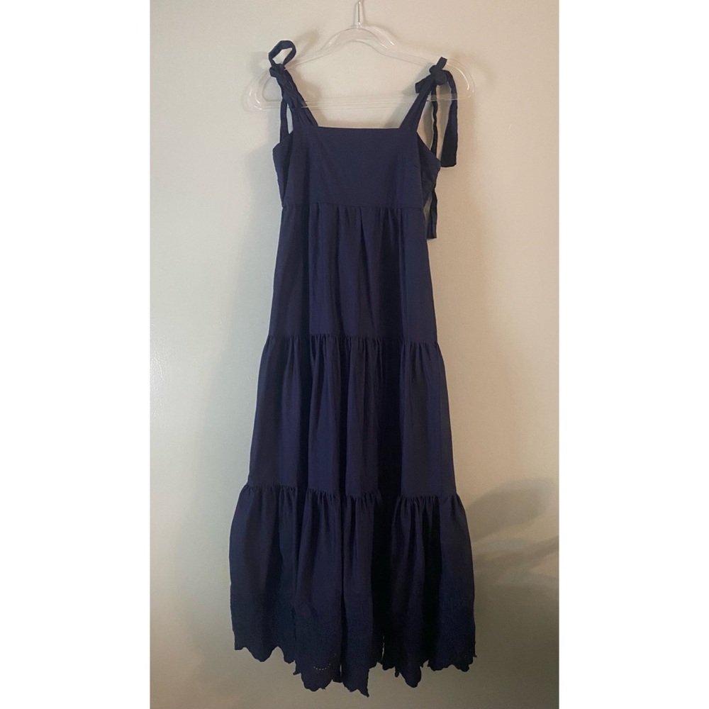 Jason Wu Tiered Maxi Embroidered Dress Shoulder Ties Peasant Navy Blue Small